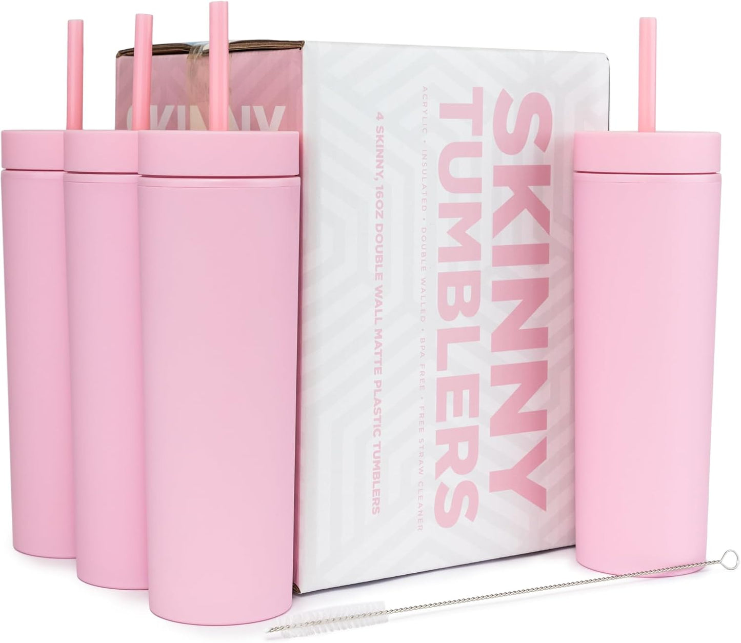 Perwinkle Skinny Tumblers with Lids and Straws (4 pack), 16oz Matte Pastel Colored Acrylic Tumblers with Lids and Straws, Double Wall Skinny Tumbler Bulk, Reusable Cup with Straw Cleaner