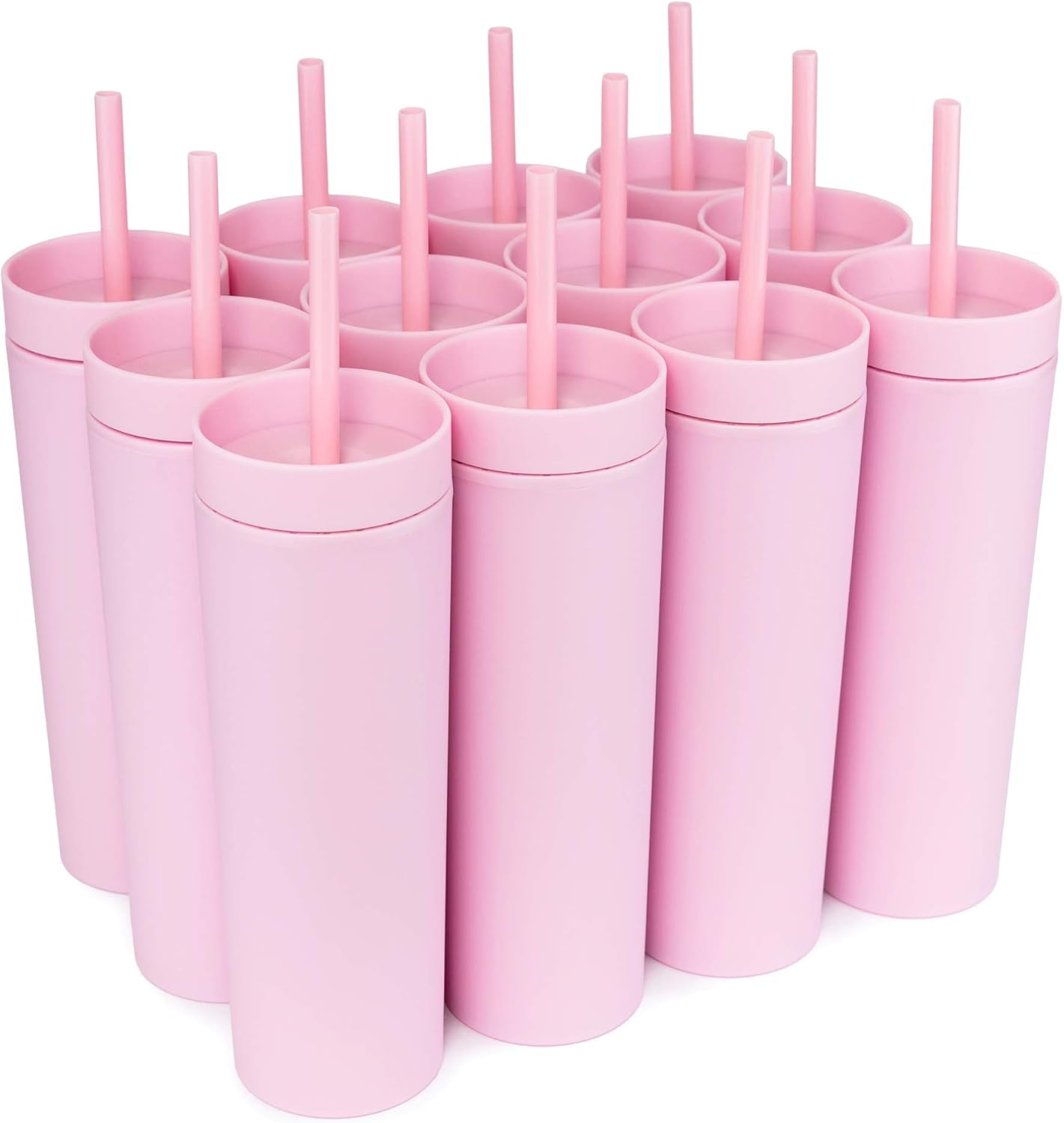 Perwinkle Skinny Tumblers with Lids and Straws (4 pack), 16oz Matte Pastel Colored Acrylic Tumblers with Lids and Straws, Double Wall Skinny Tumbler Bulk, Reusable Cup with Straw Cleaner
