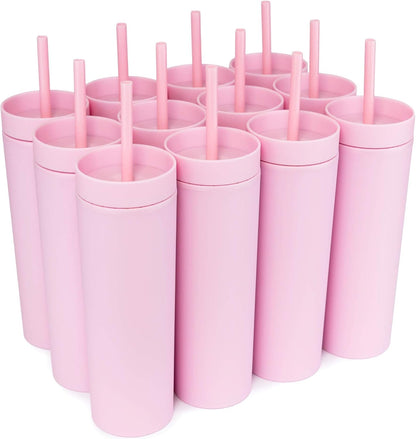 Perwinkle Skinny Tumblers with Lids and Straws (4 pack), 16oz Matte Pastel Colored Acrylic Tumblers with Lids and Straws, Double Wall Skinny Tumbler Bulk, Reusable Cup with Straw Cleaner