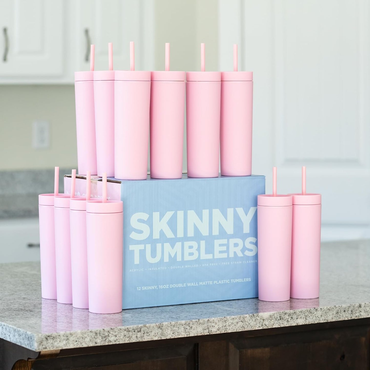 Perwinkle Skinny Tumblers with Lids and Straws (4 pack), 16oz Matte Pastel Colored Acrylic Tumblers with Lids and Straws, Double Wall Skinny Tumbler Bulk, Reusable Cup with Straw Cleaner