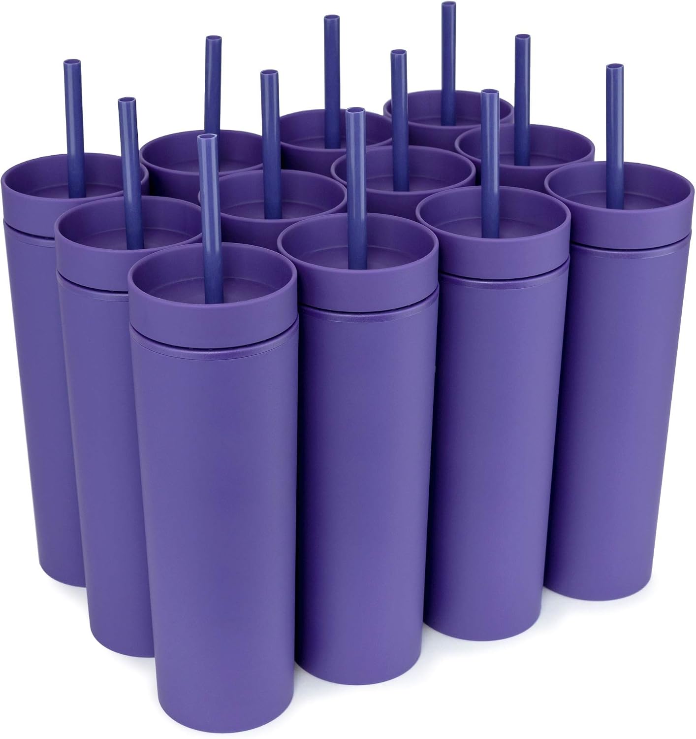 Perwinkle Skinny Tumblers with Lids and Straws (4 pack), 16oz Matte Pastel Colored Acrylic Tumblers with Lids and Straws, Double Wall Skinny Tumbler Bulk, Reusable Cup with Straw Cleaner
