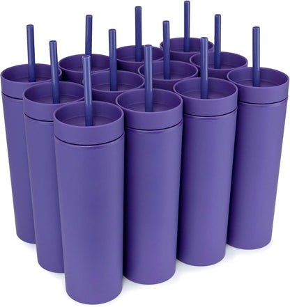 Perwinkle Skinny Tumblers with Lids and Straws (4 pack), 16oz Matte Pastel Colored Acrylic Tumblers with Lids and Straws, Double Wall Skinny Tumbler Bulk, Reusable Cup with Straw Cleaner