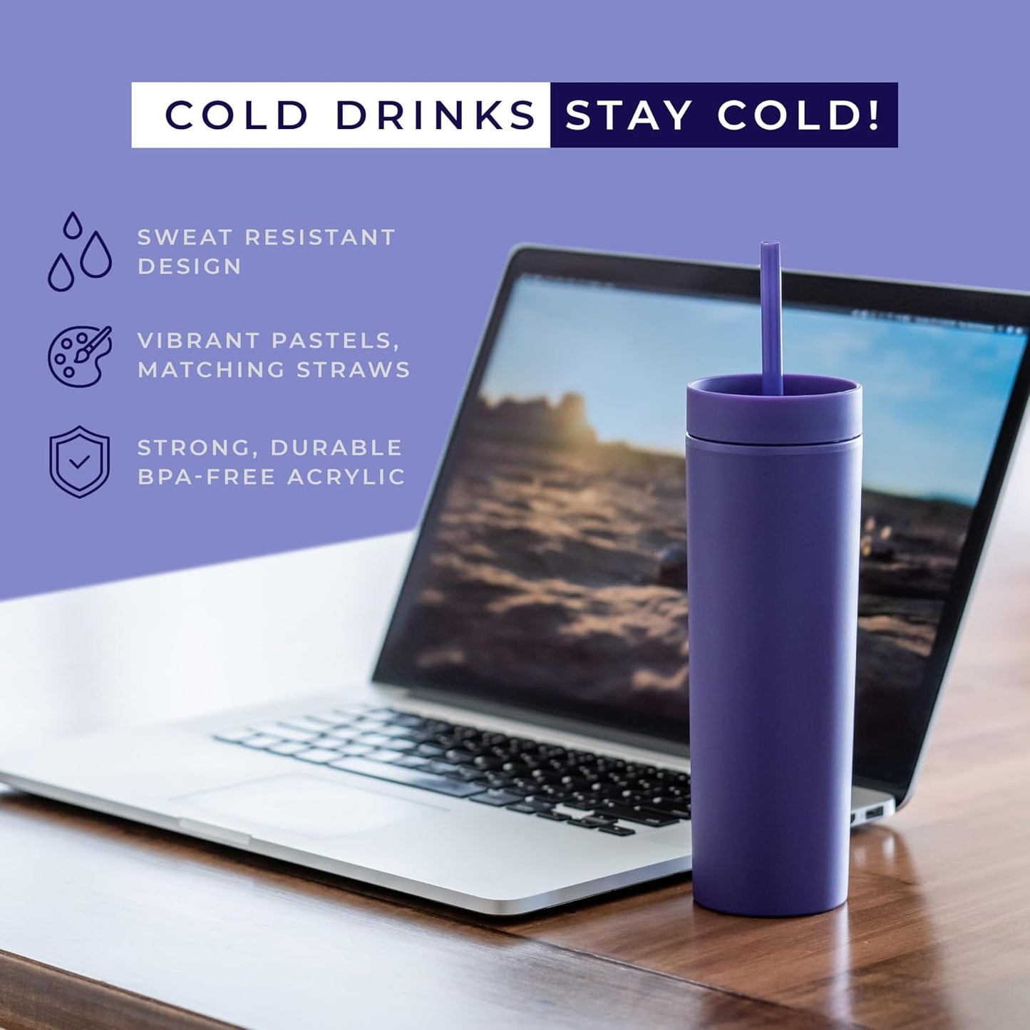 Perwinkle Skinny Tumblers with Lids and Straws (4 pack), 16oz Matte Pastel Colored Acrylic Tumblers with Lids and Straws, Double Wall Skinny Tumbler Bulk, Reusable Cup with Straw Cleaner