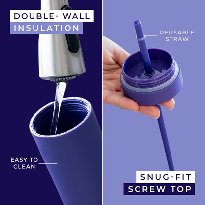 Perwinkle Skinny Tumblers with Lids and Straws (4 pack), 16oz Matte Pastel Colored Acrylic Tumblers with Lids and Straws, Double Wall Skinny Tumbler Bulk, Reusable Cup with Straw Cleaner