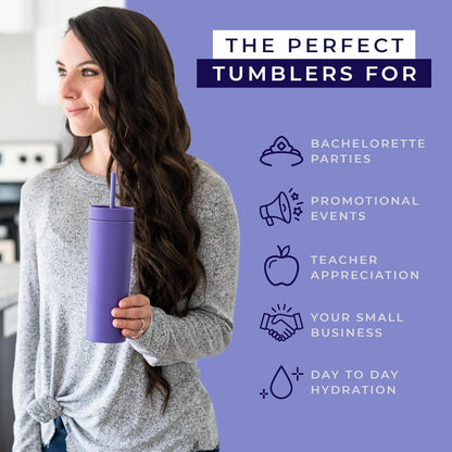 Perwinkle Skinny Tumblers with Lids and Straws (4 pack), 16oz Matte Pastel Colored Acrylic Tumblers with Lids and Straws, Double Wall Skinny Tumbler Bulk, Reusable Cup with Straw Cleaner
