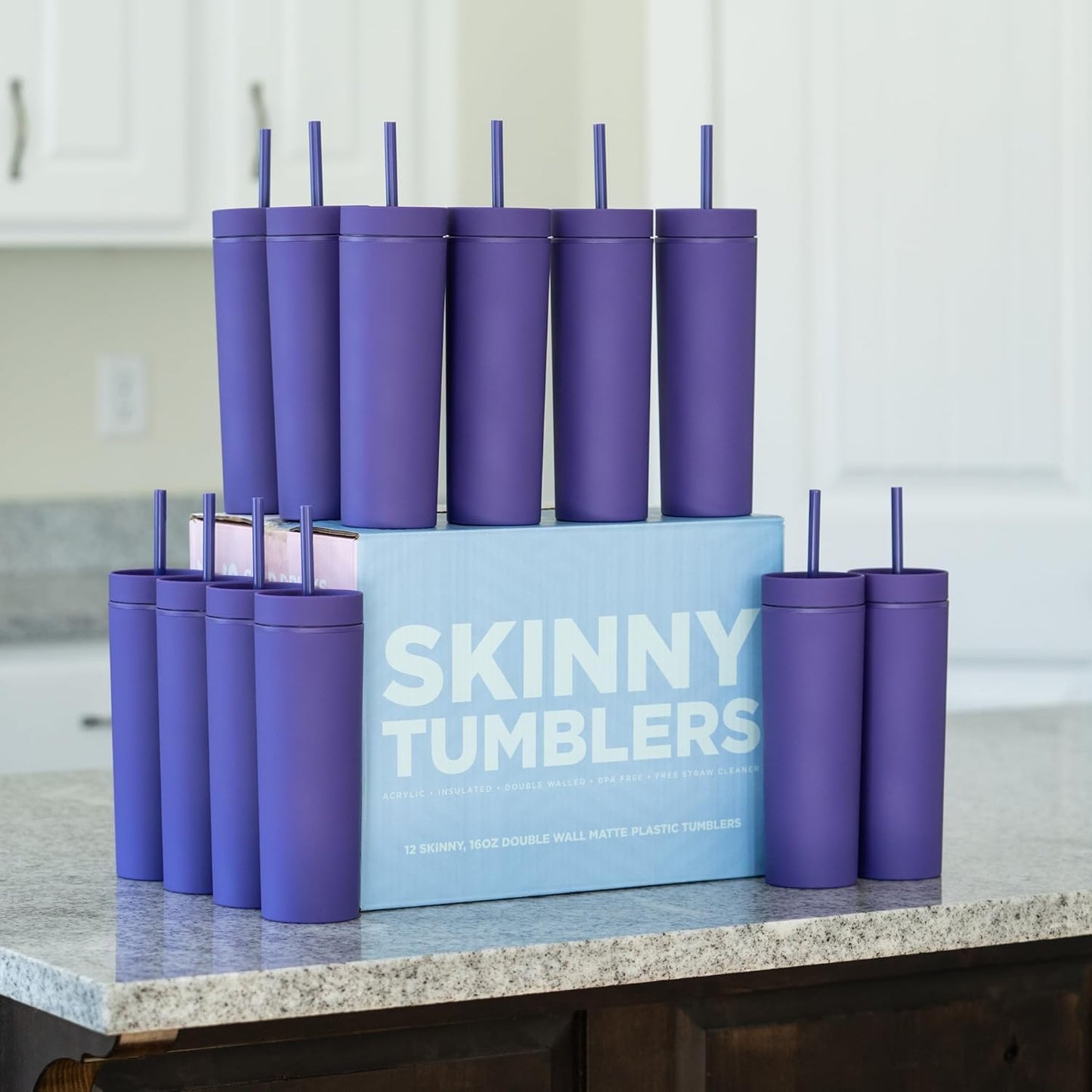 Perwinkle Skinny Tumblers with Lids and Straws (4 pack), 16oz Matte Pastel Colored Acrylic Tumblers with Lids and Straws, Double Wall Skinny Tumbler Bulk, Reusable Cup with Straw Cleaner