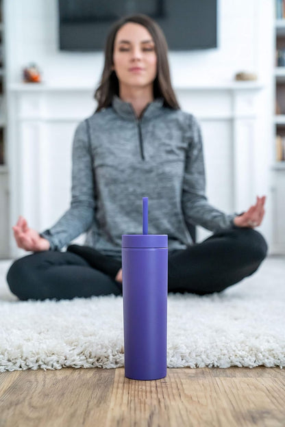 Perwinkle Skinny Tumblers with Lids and Straws (4 pack), 16oz Matte Pastel Colored Acrylic Tumblers with Lids and Straws, Double Wall Skinny Tumbler Bulk, Reusable Cup with Straw Cleaner
