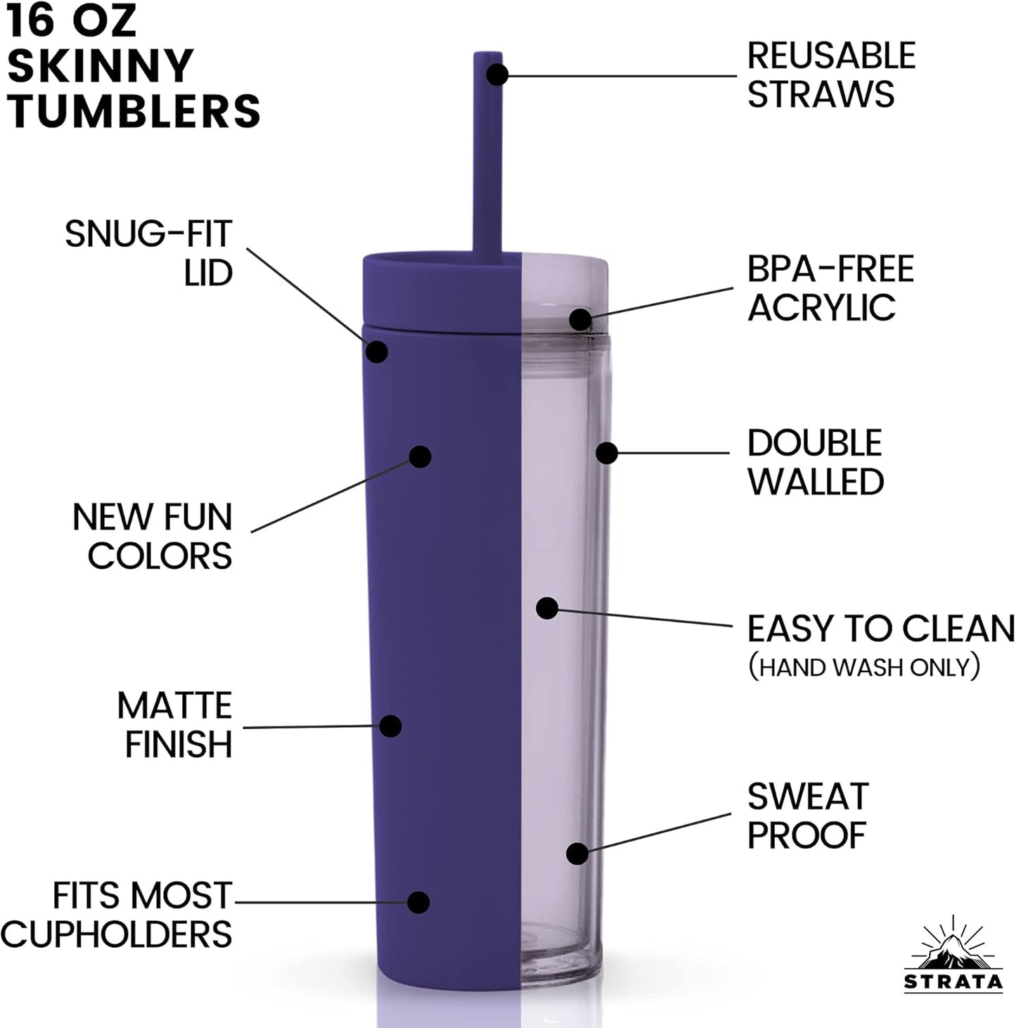 Perwinkle Skinny Tumblers with Lids and Straws (4 pack), 16oz Matte Pastel Colored Acrylic Tumblers with Lids and Straws, Double Wall Skinny Tumbler Bulk, Reusable Cup with Straw Cleaner