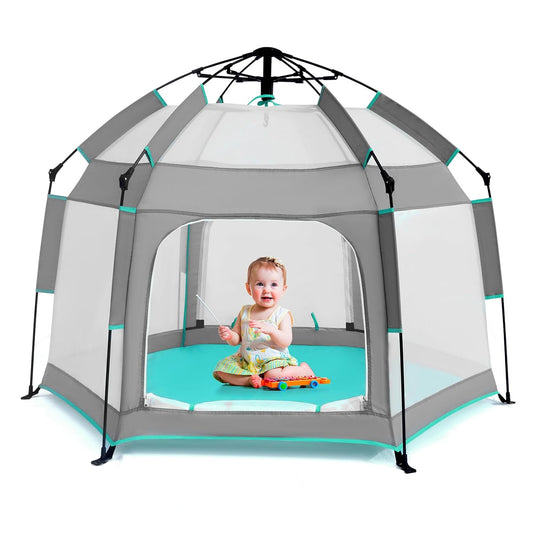 Baby Playpen with Canopy, Hexagon Toddler Beach Tent(Grey)