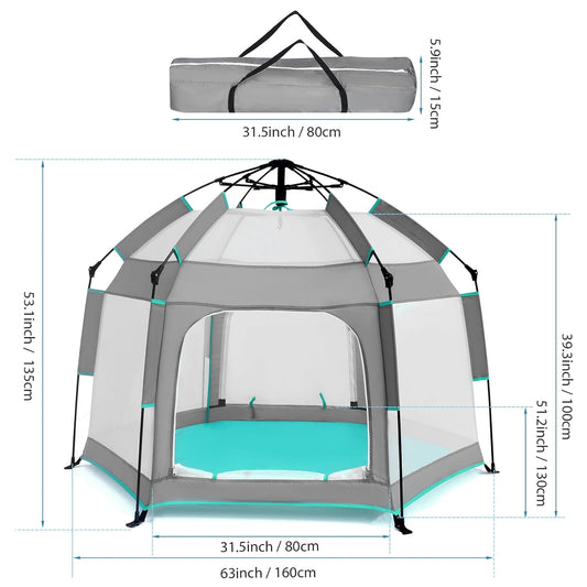 Baby Playpen with Canopy, Hexagon Toddler Beach Tent(Grey)