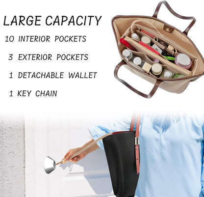 Purse Organizer Insert with Zipper Felt Bag Organizer Handbag Organizer Insert Bag in Bag Organizer with Key Chain for Tote Purse Bag Brown Large
