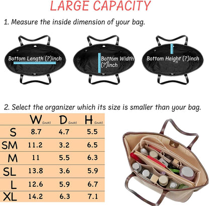 Purse Organizer Insert with Zipper Felt Bag Organizer Handbag Organizer Insert Bag in Bag Organizer with Key Chain for Tote Purse Bag Brown Large