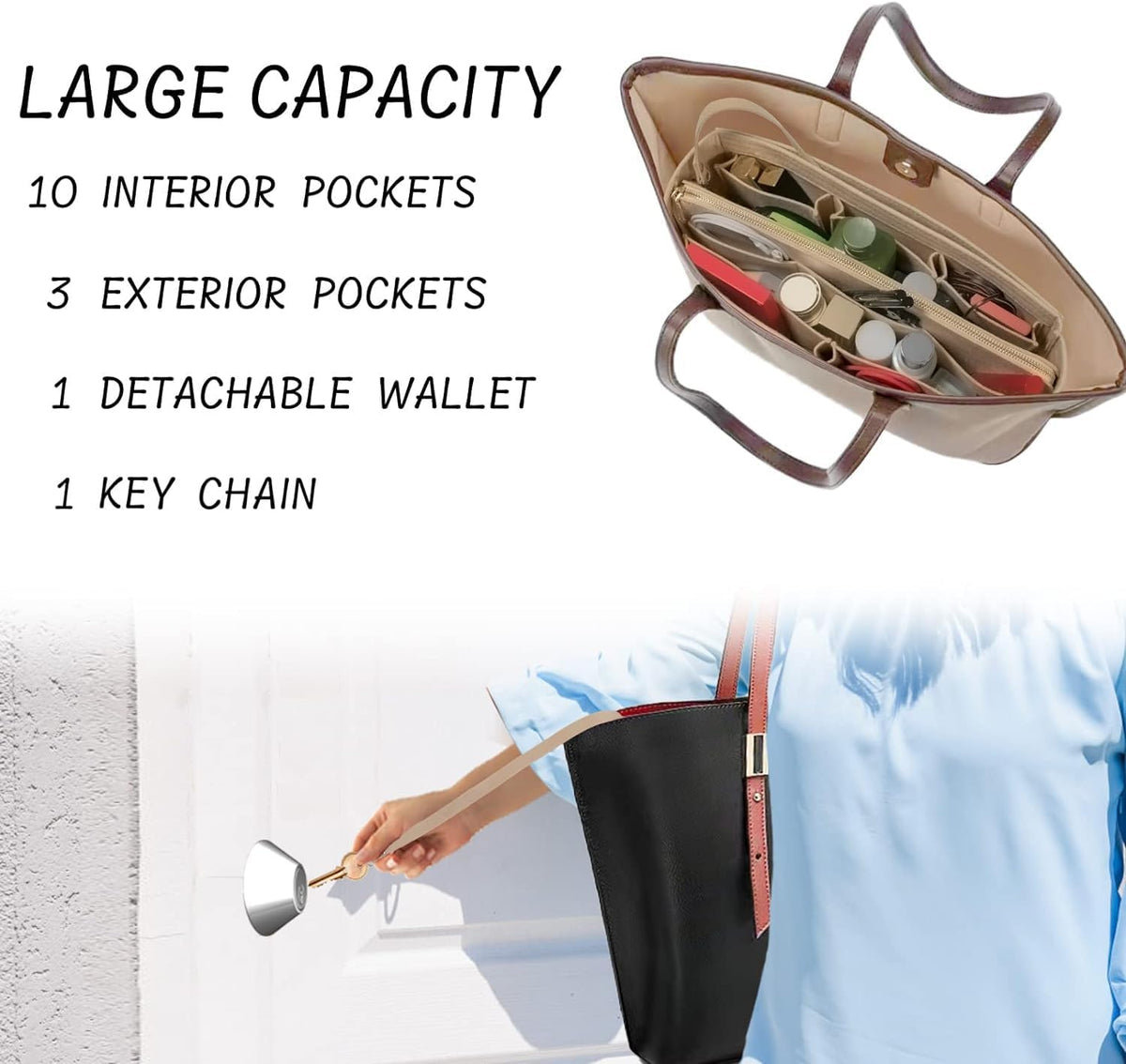 Purse Organizer Insert with Zipper Felt Bag Organizer Handbag Organizer Insert Bag in Bag Organizer with Key Chain for Tote Purse Bag Brown Large