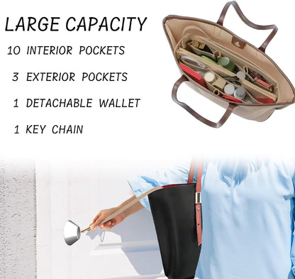Purse Organizer Insert with Zipper Felt Bag Organizer Handbag Organizer Insert Bag in Bag Organizer with Key Chain for Tote Purse Bag Brown Large
