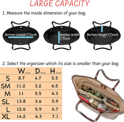 Purse Organizer Insert with Zipper Felt Bag Organizer Handbag Organizer Insert Bag in Bag Organizer with Key Chain for Tote Purse Bag Brown Large