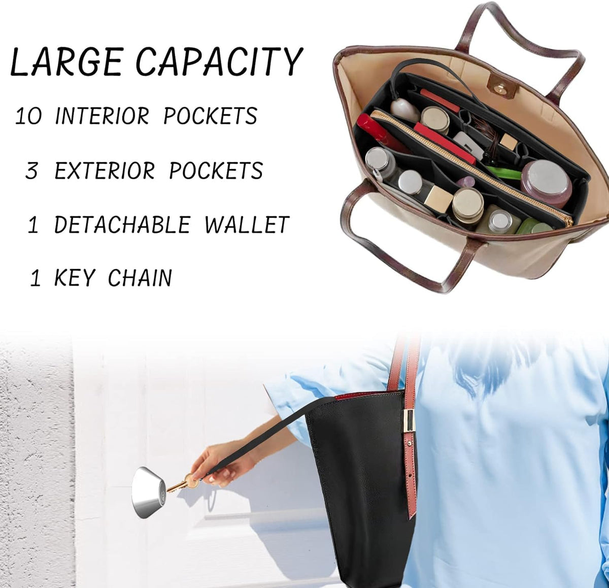 Purse Organizer Insert with Zipper Felt Bag Organizer Handbag Organizer Insert Bag in Bag Organizer with Key Chain for Tote Purse Bag Brown Large