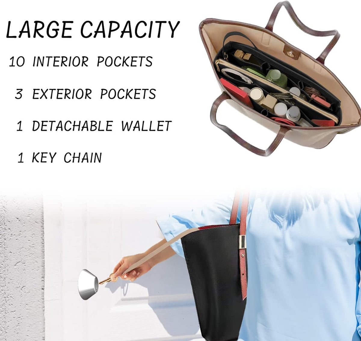 Purse Organizer Insert with Zipper Felt Bag Organizer Handbag Organizer Insert Bag in Bag Organizer with Key Chain for Tote Purse Bag Brown Large