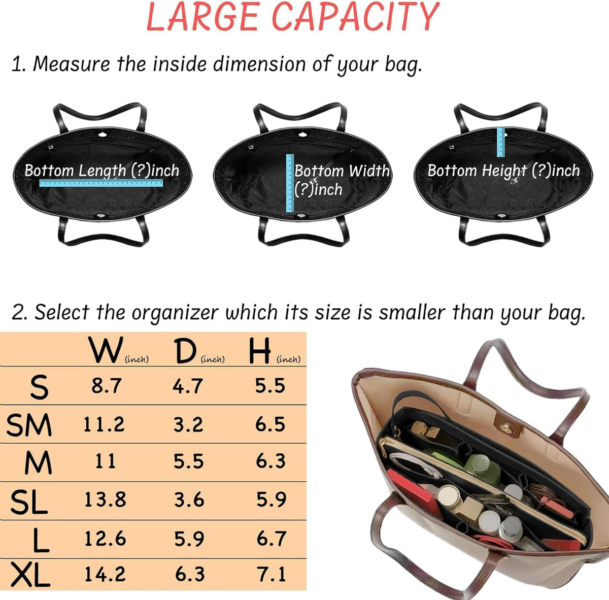 Purse Organizer Insert with Zipper Felt Bag Organizer Handbag Organizer Insert Bag in Bag Organizer with Key Chain for Tote Purse Bag Brown Large