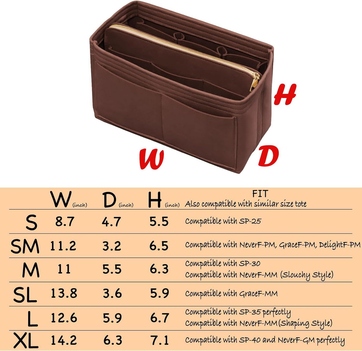 Purse Organizer Insert with Zipper Felt Bag Organizer Handbag Organizer Insert Bag in Bag Organizer with Key Chain for Tote Purse Bag Brown Large