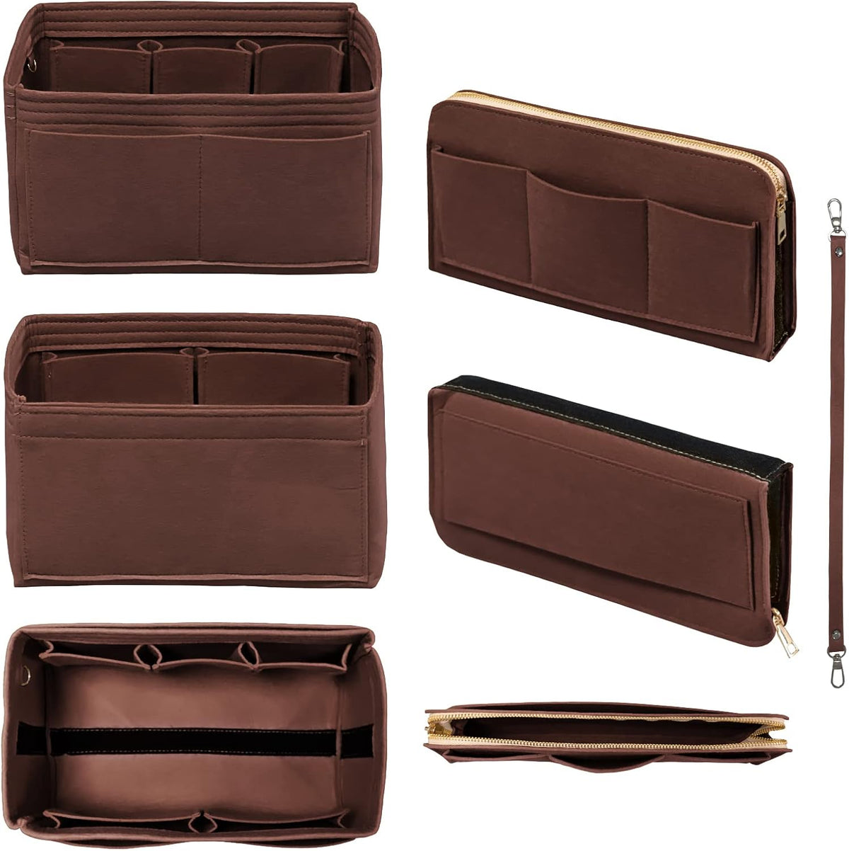 Purse Organizer Insert with Zipper Felt Bag Organizer Handbag Organizer Insert Bag in Bag Organizer with Key Chain for Tote Purse Bag Brown Large