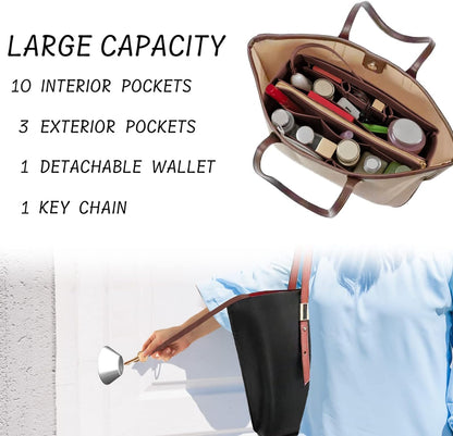 Purse Organizer Insert with Zipper Felt Bag Organizer Handbag Organizer Insert Bag in Bag Organizer with Key Chain for Tote Purse Bag Brown Large