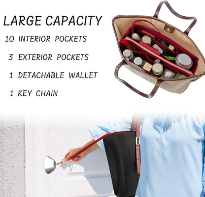 Purse Organizer Insert with Zipper Felt Bag Organizer Handbag Organizer Insert Bag in Bag Organizer with Key Chain for Tote Purse Bag Brown Large