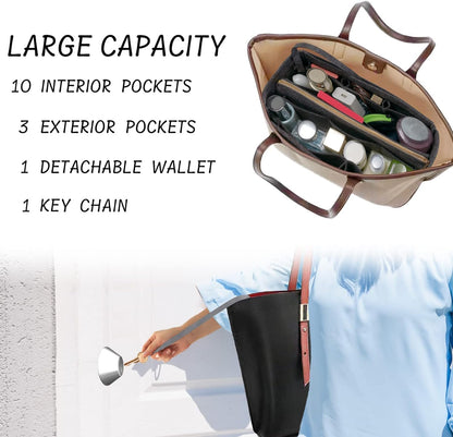 Purse Organizer Insert with Zipper Felt Bag Organizer Handbag Organizer Insert Bag in Bag Organizer with Key Chain for Tote Purse Bag Brown Large
