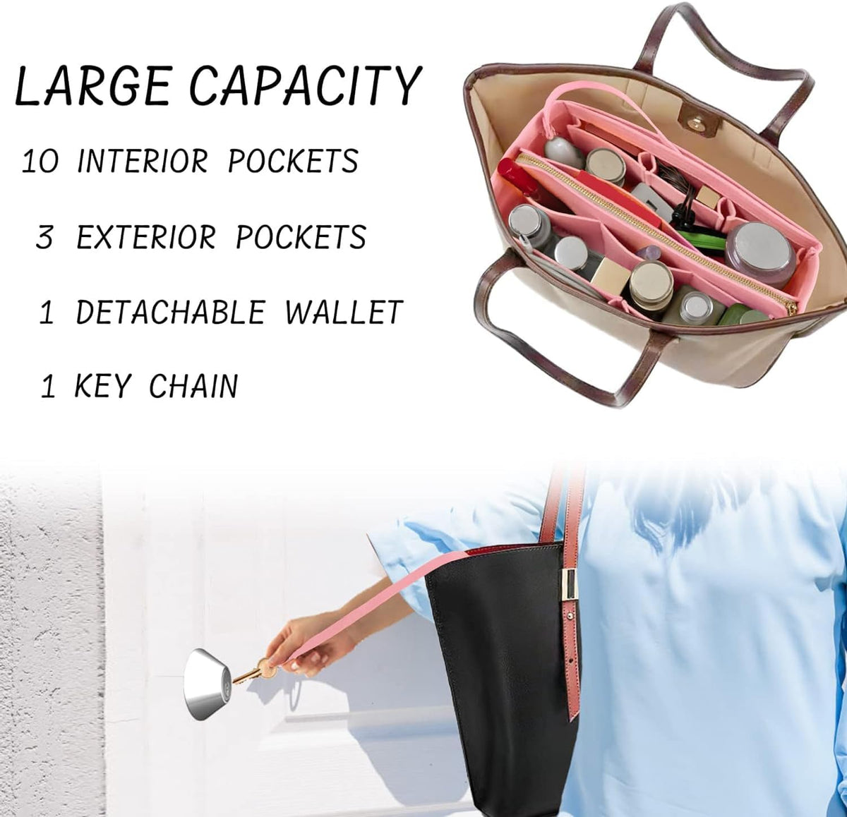 Purse Organizer Insert with Zipper Felt Bag Organizer Handbag Organizer Insert Bag in Bag Organizer with Key Chain for Tote Purse Bag Brown Large