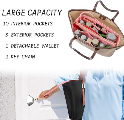Purse Organizer Insert with Zipper Felt Bag Organizer Handbag Organizer Insert Bag in Bag Organizer with Key Chain for Tote Purse Bag Brown Large