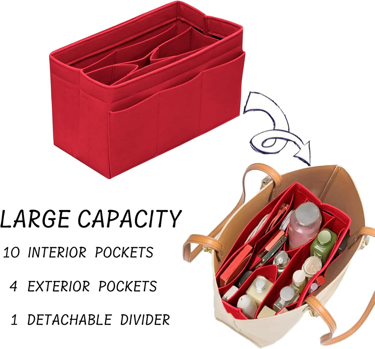Purse Organizer Insert with Zipper Felt Bag Organizer Handbag Organizer Insert Bag in Bag Organizer with Key Chain for Tote Purse Bag Brown Large