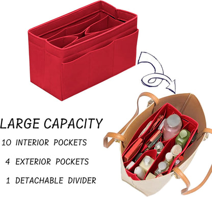 Purse Organizer Insert with Zipper Felt Bag Organizer Handbag Organizer Insert Bag in Bag Organizer with Key Chain for Tote Purse Bag Brown Large