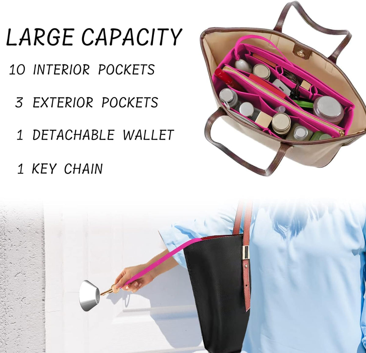 Purse Organizer Insert with Zipper Felt Bag Organizer Handbag Organizer Insert Bag in Bag Organizer with Key Chain for Tote Purse Bag Brown Large