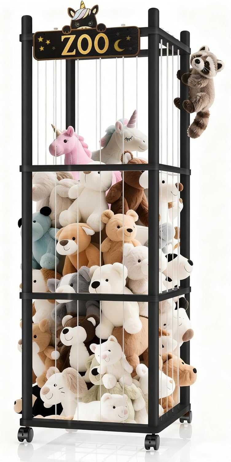 Stuffed Animal Storage Zoo Tower,56In Wooden Large Stuffed Animal Holder Organizer with Wheels,Stuffy Plushies Storage with Elastic Band&Mesh Bottom,Toy Storage Organizers for Playroom Bedroom Nursery