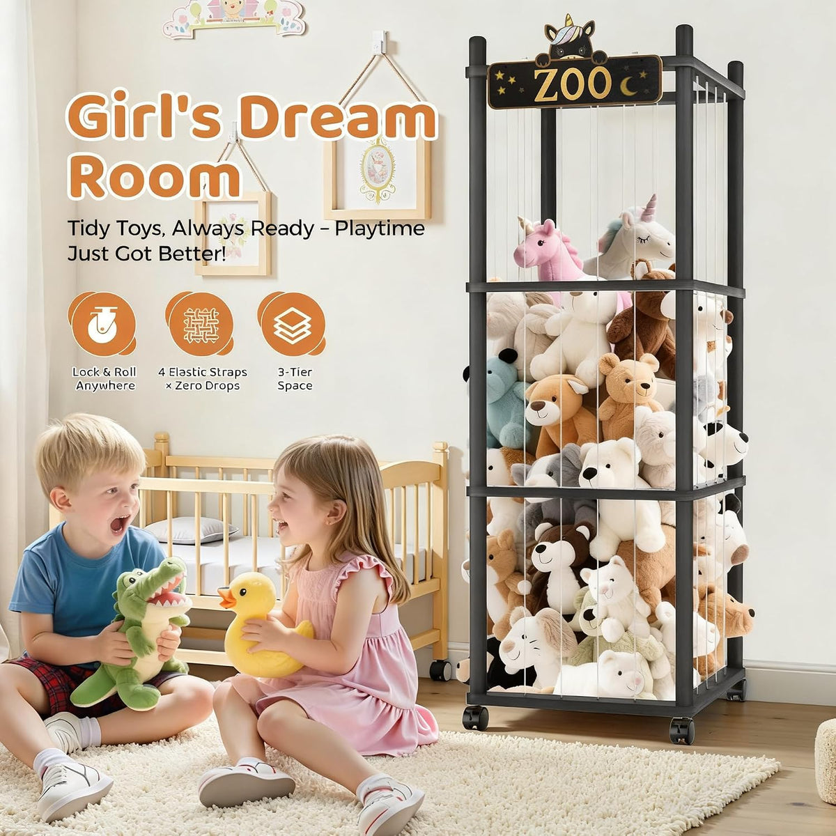 Stuffed Animal Storage Zoo Tower,56In Wooden Large Stuffed Animal Holder Organizer with Wheels,Stuffy Plushies Storage with Elastic Band&Mesh Bottom,Toy Storage Organizers for Playroom Bedroom Nursery