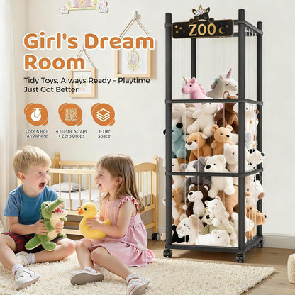 Stuffed Animal Storage Zoo Tower,56In Wooden Large Stuffed Animal Holder Organizer with Wheels,Stuffy Plushies Storage with Elastic Band&Mesh Bottom,Toy Storage Organizers for Playroom Bedroom Nursery