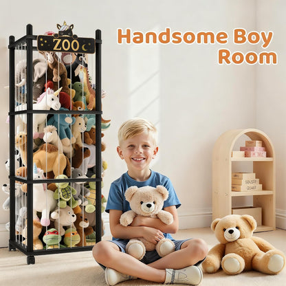 Stuffed Animal Storage Zoo Tower,56In Wooden Large Stuffed Animal Holder Organizer with Wheels,Stuffy Plushies Storage with Elastic Band&Mesh Bottom,Toy Storage Organizers for Playroom Bedroom Nursery