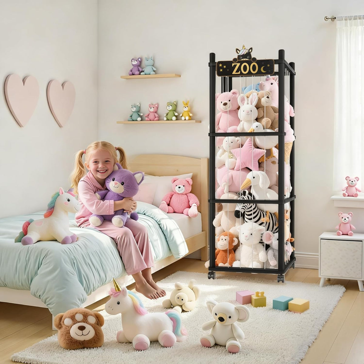 Stuffed Animal Storage Zoo Tower,56In Wooden Large Stuffed Animal Holder Organizer with Wheels,Stuffy Plushies Storage with Elastic Band&Mesh Bottom,Toy Storage Organizers for Playroom Bedroom Nursery