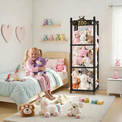 Stuffed Animal Storage Zoo Tower,56In Wooden Large Stuffed Animal Holder Organizer with Wheels,Stuffy Plushies Storage with Elastic Band&Mesh Bottom,Toy Storage Organizers for Playroom Bedroom Nursery