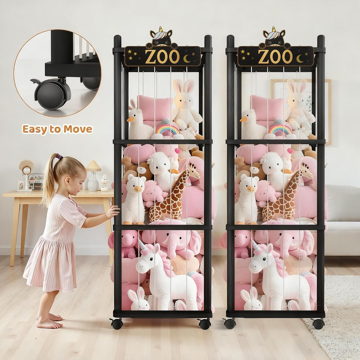 Stuffed Animal Storage Zoo Tower,56In Wooden Large Stuffed Animal Holder Organizer with Wheels,Stuffy Plushies Storage with Elastic Band&Mesh Bottom,Toy Storage Organizers for Playroom Bedroom Nursery