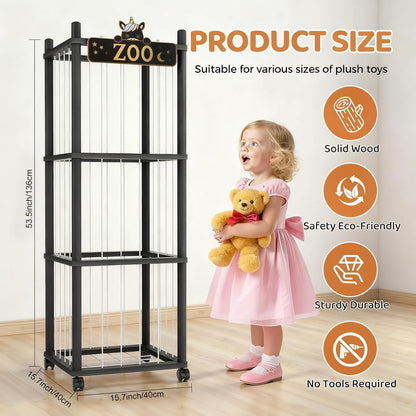 Stuffed Animal Storage Zoo Tower,56In Wooden Large Stuffed Animal Holder Organizer with Wheels,Stuffy Plushies Storage with Elastic Band&Mesh Bottom,Toy Storage Organizers for Playroom Bedroom Nursery