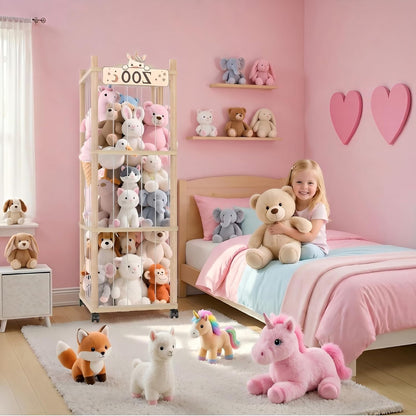 Stuffed Animal Storage Zoo Tower,56In Wooden Large Stuffed Animal Holder Organizer with Wheels,Stuffy Plushies Storage with Elastic Band&Mesh Bottom,Toy Storage Organizers for Playroom Bedroom Nursery