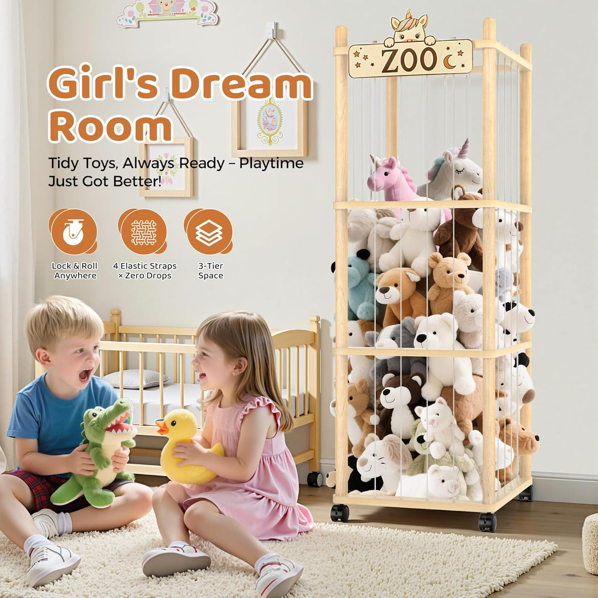 Stuffed Animal Storage Zoo Tower,56In Wooden Large Stuffed Animal Holder Organizer with Wheels,Stuffy Plushies Storage with Elastic Band&Mesh Bottom,Toy Storage Organizers for Playroom Bedroom Nursery