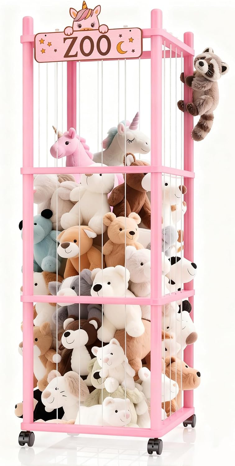Stuffed Animal Storage Zoo Tower,56In Wooden Large Stuffed Animal Holder Organizer with Wheels,Stuffy Plushies Storage with Elastic Band&Mesh Bottom,Toy Storage Organizers for Playroom Bedroom Nursery