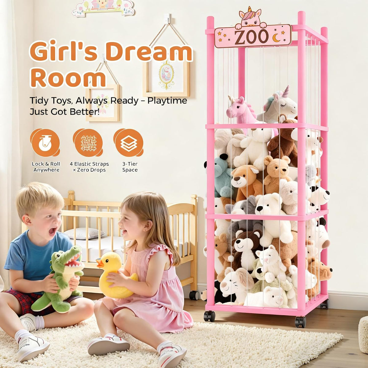 Stuffed Animal Storage Zoo Tower,56In Wooden Large Stuffed Animal Holder Organizer with Wheels,Stuffy Plushies Storage with Elastic Band&Mesh Bottom,Toy Storage Organizers for Playroom Bedroom Nursery