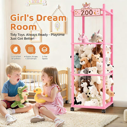Stuffed Animal Storage Zoo Tower,56In Wooden Large Stuffed Animal Holder Organizer with Wheels,Stuffy Plushies Storage with Elastic Band&Mesh Bottom,Toy Storage Organizers for Playroom Bedroom Nursery
