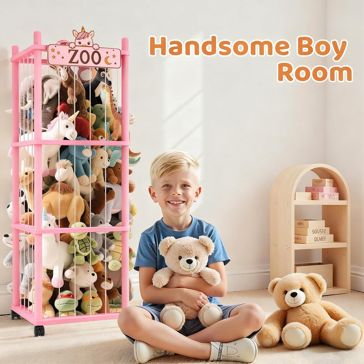 Stuffed Animal Storage Zoo Tower,56In Wooden Large Stuffed Animal Holder Organizer with Wheels,Stuffy Plushies Storage with Elastic Band&Mesh Bottom,Toy Storage Organizers for Playroom Bedroom Nursery