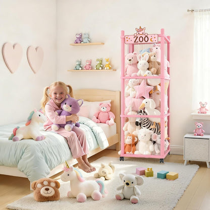 Stuffed Animal Storage Zoo Tower,56In Wooden Large Stuffed Animal Holder Organizer with Wheels,Stuffy Plushies Storage with Elastic Band&Mesh Bottom,Toy Storage Organizers for Playroom Bedroom Nursery