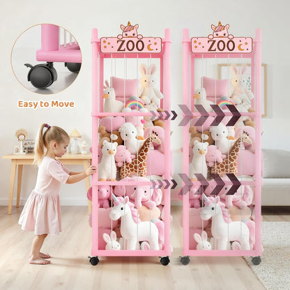 Stuffed Animal Storage Zoo Tower,56In Wooden Large Stuffed Animal Holder Organizer with Wheels,Stuffy Plushies Storage with Elastic Band&Mesh Bottom,Toy Storage Organizers for Playroom Bedroom Nursery