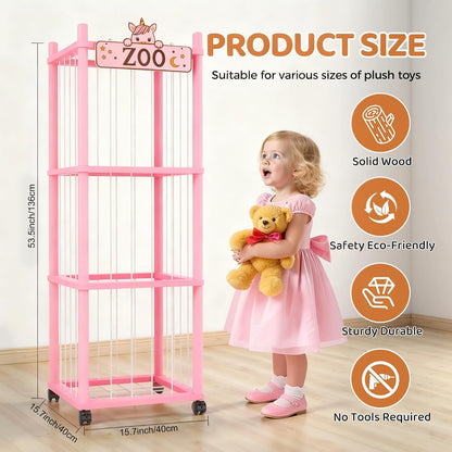 Stuffed Animal Storage Zoo Tower,56In Wooden Large Stuffed Animal Holder Organizer with Wheels,Stuffy Plushies Storage with Elastic Band&Mesh Bottom,Toy Storage Organizers for Playroom Bedroom Nursery