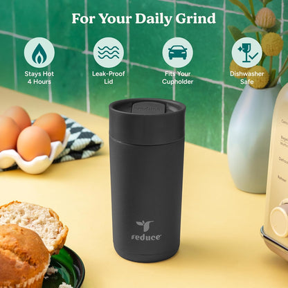 Perk 10oz Insulated Coffee Tumbler – Leak-Proof with Lockable Lid and Vacuum Insulation–Durable Stainless Steel–Fits Car Cup Holders–One-Handed Travel Mug in Sand Leopard Print - Midnight Plum